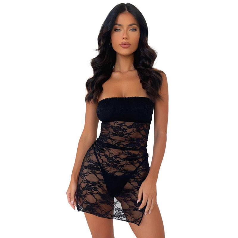 Slim-fit Semi-transparent Lace Tube Top Double Slit Dress For Women