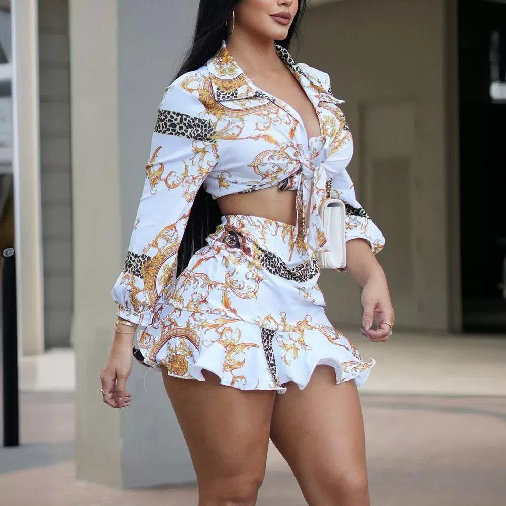 Printed Lace Up Shirt Top And Hem Skirt Outfit