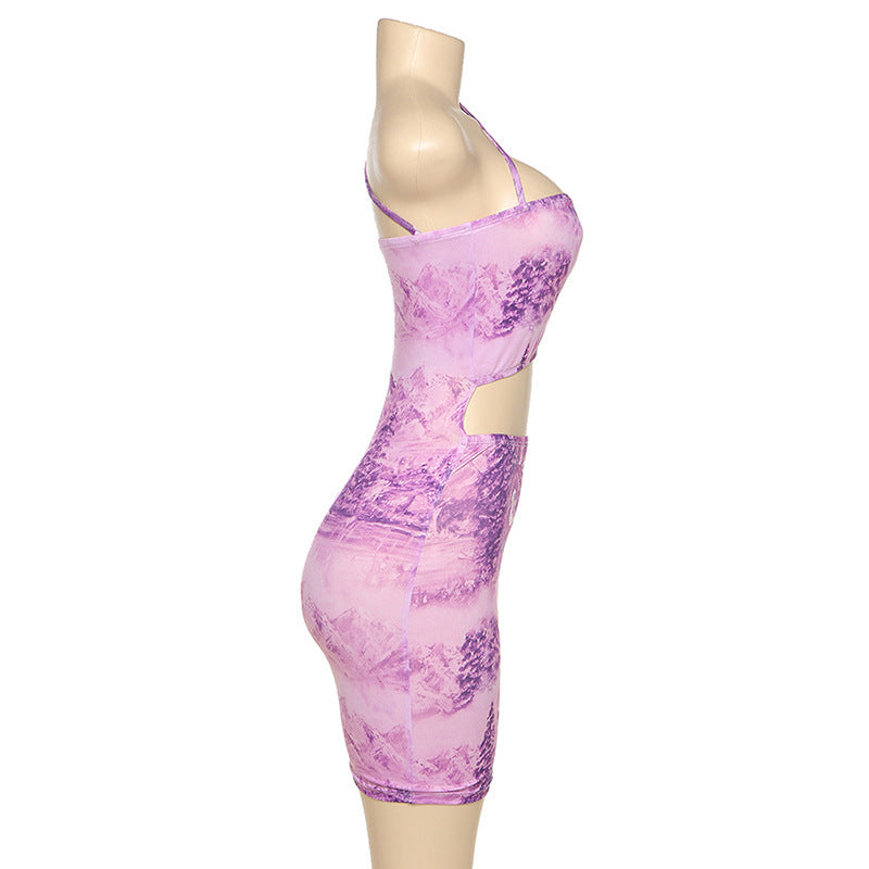 Hanging neck tube top sexy hollow print bag hip dress women