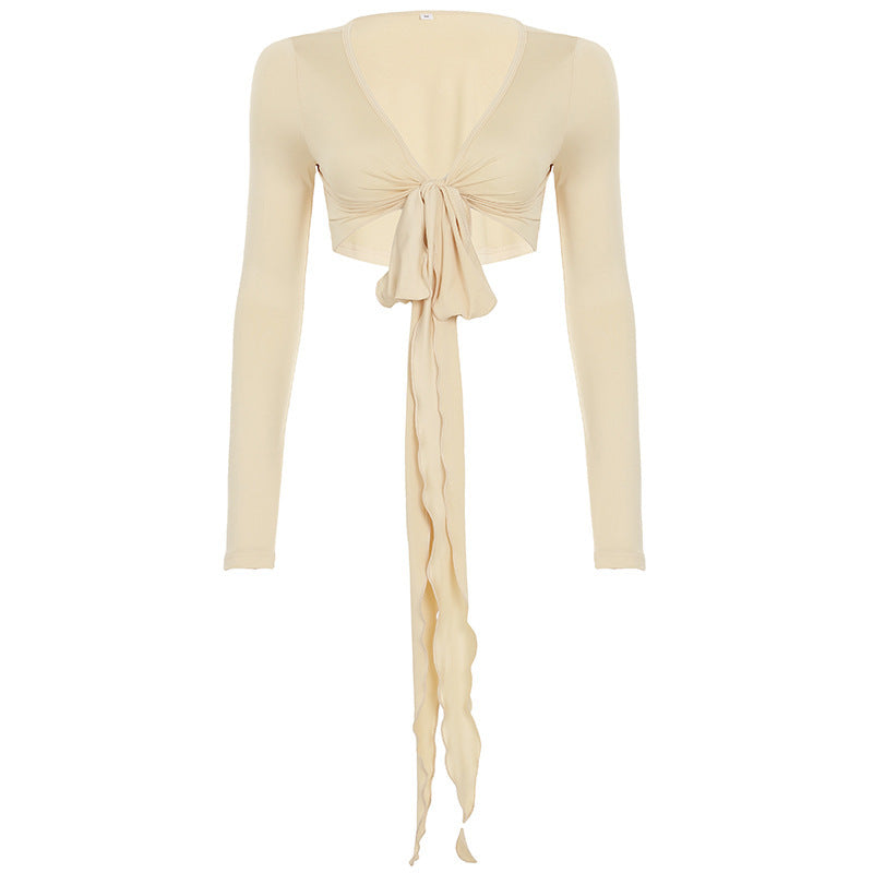 Pure Desire Strap Long-sleeved T-shirt Sexy Deep V-neck Short Blouse