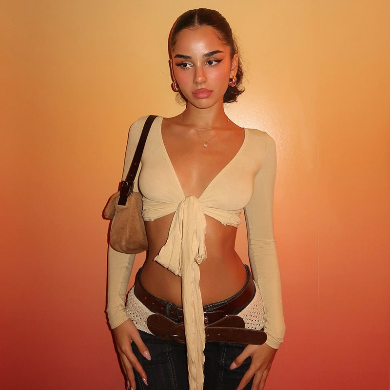 Pure Desire Strap Long-sleeved T-shirt Sexy Deep V-neck Short Blouse