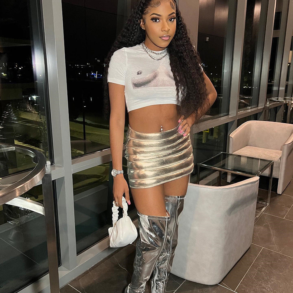 European And American Women's Hip Pack Metallic Splash Proof Skirt