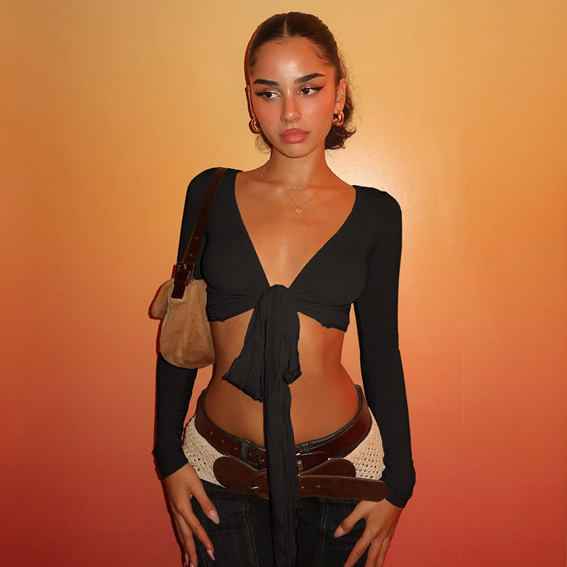 Pure Desire Strap Long-sleeved T-shirt Sexy Deep V-neck Short Blouse