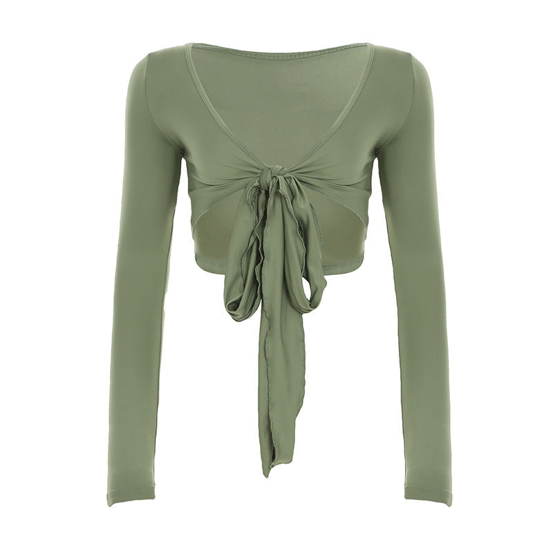 Pure Desire Strap Long-sleeved T-shirt Sexy Deep V-neck Short Blouse