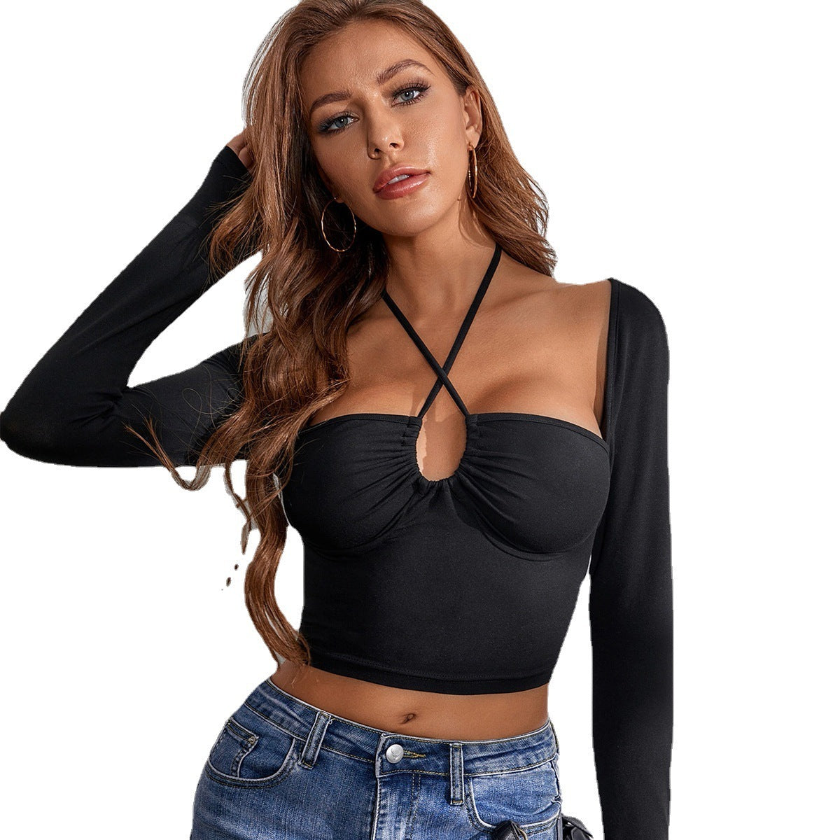 Sexy Long-Sleeved Cross-Tie Halterneck Tight T-Shirt Top