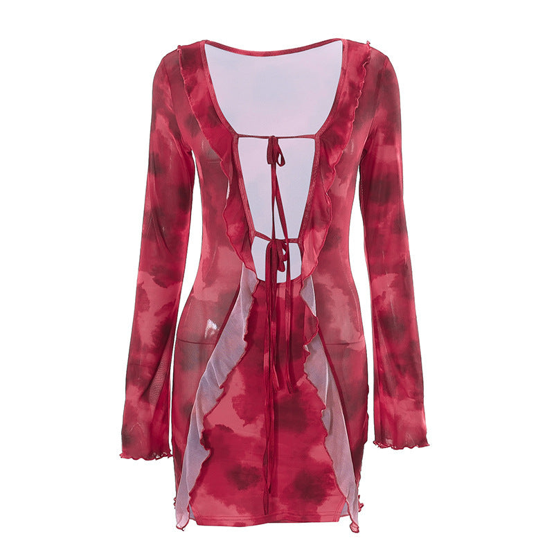 Summer New Printed Mesh Half Sleeve Ruffled Lace-up Short Dress For Women