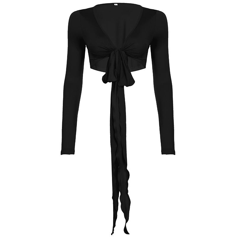 Pure Desire Strap Long-sleeved T-shirt Sexy Deep V-neck Short Blouse