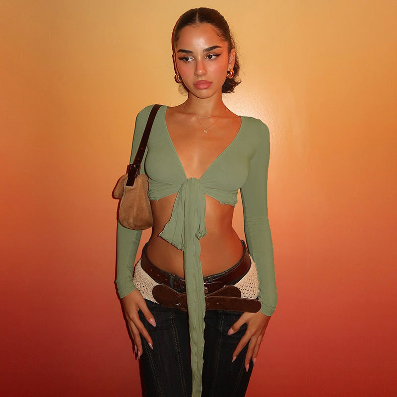 Pure Desire Strap Long-sleeved T-shirt Sexy Deep V-neck Short Blouse